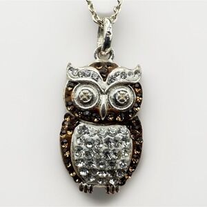 Vintage Silver Tone Owl Pendant Necklace Brown Clear Rhinestone Jewelry Y2K